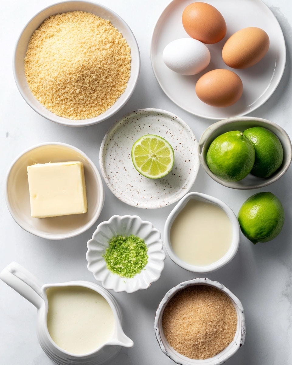 The image shows various baking ingredients arranged neatly on a white marbled surface. There is one white bowl filled with light golden breadcrumbs at the top left, and next to it on the right, a white plate holding four brown and two white eggs. Below the breadcrumbs, a small white speckled plate holds a rectangular piece of pale yellow butter. To the right, a white bowl contains a green lime and a lime half sitting on top of freshly squeezed lime juice. Below the butter, a small white scalloped bowl holds finely grated lime zest. Next to it, a white bowl filled with smooth, light beige condensed milk is placed just above a small white pitcher containing some cream. On the bottom right, a small white speckled bowl is filled with packed light brown sugar, and next to it, another white speckled bowl contains more fresh limes with one cut in half. The ingredients are well-lit, sharp, and evenly spaced. Photo taken with an iphone --ar 4:5 --v 7