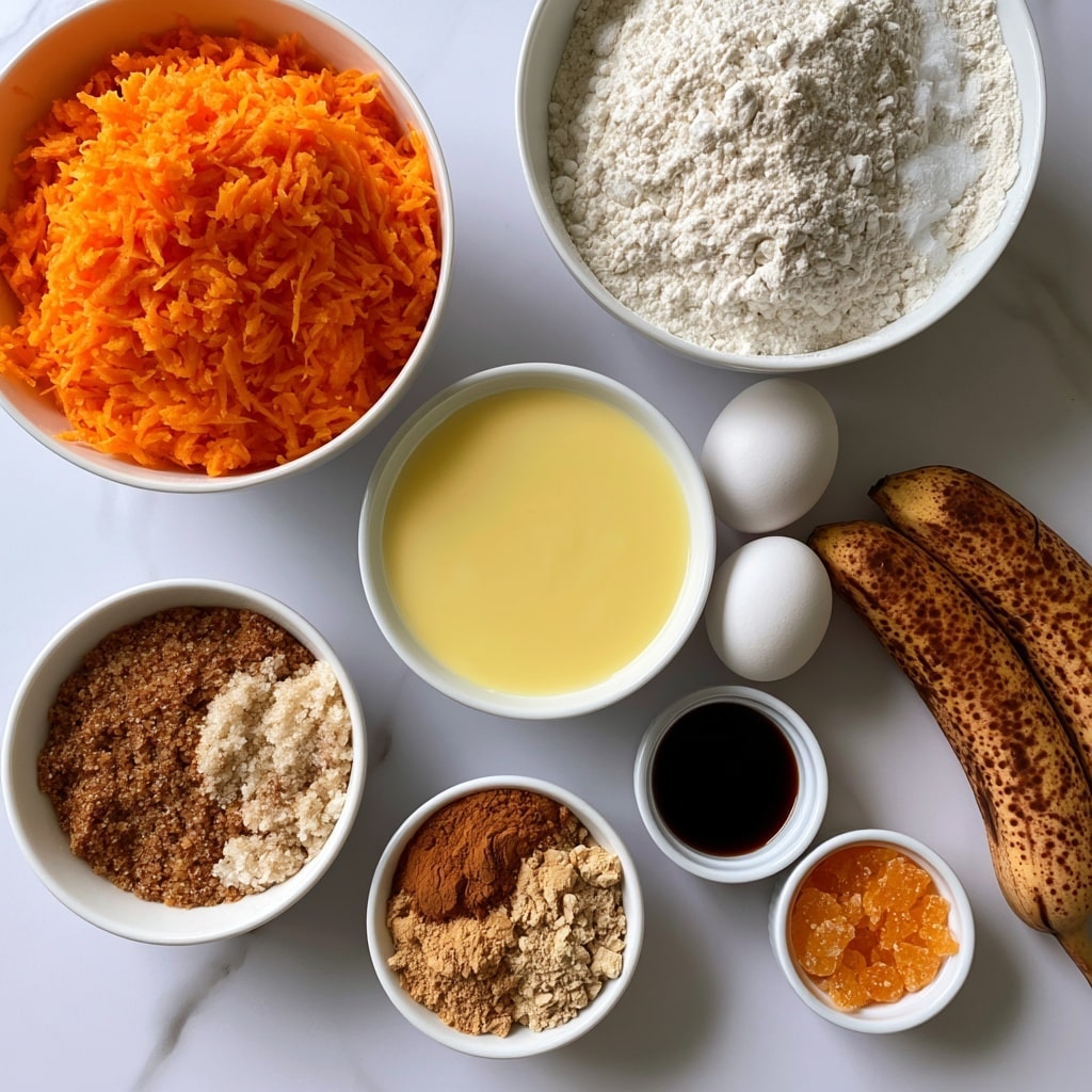 The image shows a top-down view of various baking ingredients arranged neatly on a white marbled surface. There are five white bowls: one large bowl of bright orange grated carrots on the left, a large bowl of white flour mixed with baking powder, baking soda, and salt on the top right, a medium bowl with melted salted butter that looks smooth and pale yellow near the center, and two smaller bowls, one with mixed brown and white sugars to the bottom left and another with a mix of cinnamon, ginger, and nutmeg, showing warm brown and beige tones at the bottom center. Next to the bowls, there are two ripe bananas with brown spots placed horizontally on the right. Two white eggs are positioned side by side between the bananas and melted butter bowl. Two small white ramekins with vanilla and turbinado sugar are below the eggs, each with different textured contents — the vanilla is a dark liquid while the turbinado sugar has large amber crystals. The overall scene is clean, simple, and well-lit. photo taken with an iphone --ar 4:5 --v 7