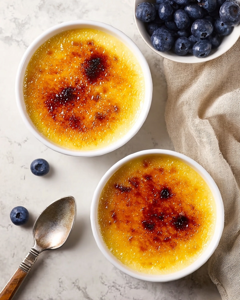 The image shows two white round ramekins filled with crème brûlée, each with a smooth and creamy yellow custard base topped with a layer of caramelized golden brown sugar crust unevenly browned with darker spots. The ramekins sit on a white marbled surface next to a small bowl of fresh blueberries and a silver spoon with a wooden handle. A beige linen cloth is partially visible in the upper right corner. The overall look is clean and inviting with focus on the texture of the crunchy sugar and creamy custard photo taken with an iphone --ar 4:5 --v 7