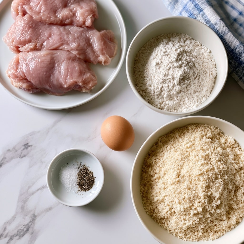 The image shows separate white dishes on a white marbled surface with the ingredients for breaded chicken. In the top left, a white plate holds four raw pink chicken thighs or breasts with a smooth texture. To the right, a white bowl is filled with fine white flour. Below the chicken, a single brown egg is placed next to a small white bowl containing salt and black pepper. In the bottom right, a large white bowl is filled with light beige panko breadcrumbs showing a rough texture. A blue and white checkered cloth is partly visible in the top right corner. Photo taken with an iphone --ar 4:5 --v 7