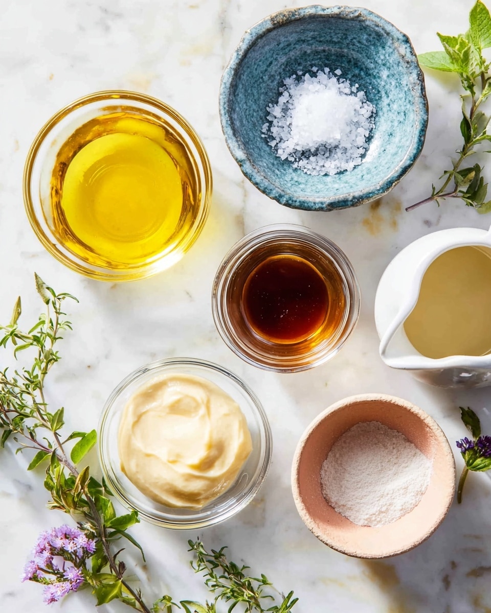 The image shows six small bowls with different sauces and ingredients arranged on a white marbled surface. Starting from the top left, there is a clear glass bowl filled with golden yellow olive oil. Above and slightly right is a small blue ceramic bowl with a rough texture holding white salt crystals. To the right is a white ceramic pitcher filled with dark amber honey. Below the honey, there's a small clear glass bowl with creamy, pale yellow mayonnaise-like sauce. Below the olive oil is a white ceramic bowl with a light, creamy liquid. Finally, at the bottom right, a pinkish clay bowl contains a small pile of white powdery flour. Fresh green herbs and tiny purple flowers are scattered around the bowls, adding a touch of color. Photo taken with an iphone --ar 4:5 --v 7