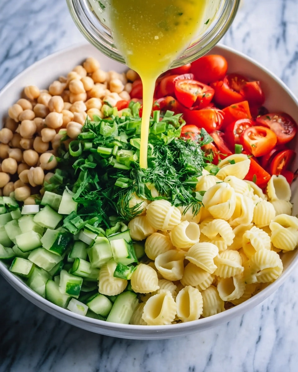 The image shows a white bowl filled with six visible layers of salad ingredients arranged in sections: at the top left, light beige chickpeas; at the top right, halved bright red cherry tomatoes; at the bottom right, pale yellow pasta shells; at the bottom left, bright green cucumber chunks; in the middle, fresh chopped dark green herbs, and slightly above them, lighter green sliced scallions. A stream of yellow dressing is being poured from a tilted glass jar onto the herbs at the center. The bowl sits on a white marbled surface. Photo taken with an iphone --ar 4:5 --v 7