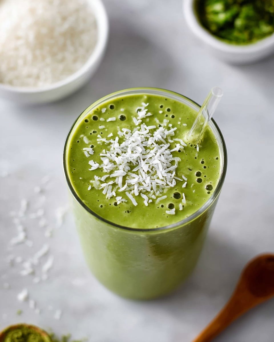 A glass filled with a thick, green smoothie that looks creamy and smooth with small air bubbles on the surface, topped with white shredded flakes evenly spread on top; a clear straw is partly in the smoothie from the left side. The glass sits on a white marbled surface with some scattered white flakes around it. In the background, slightly out of focus, there is a white bowl filled with white granules at the top and another white bowl with a green leafy ingredient on the right side. A wooden spoon containing more green powder is visible at the bottom left corner. photo taken with an iphone --ar 4:5 --v 7