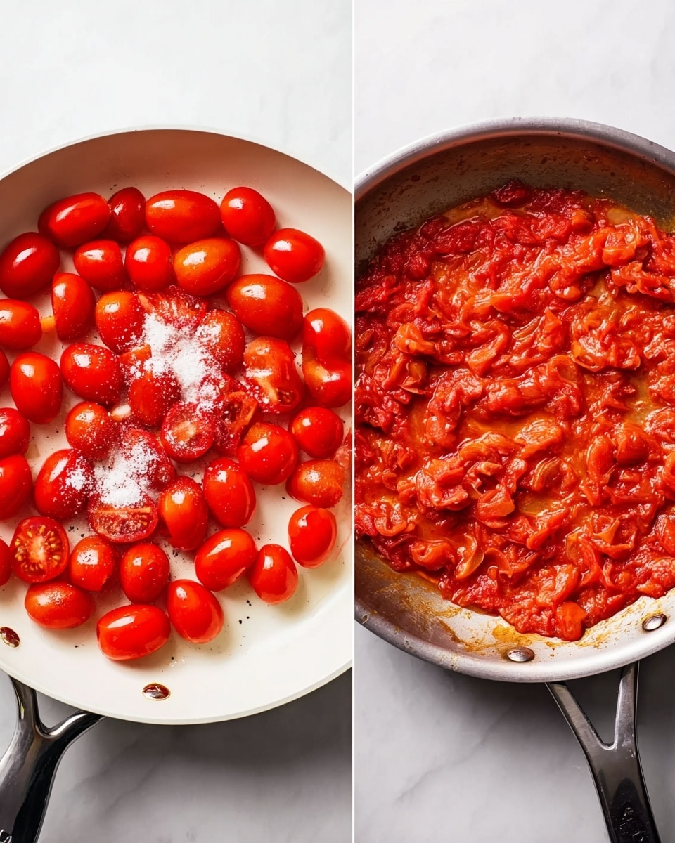 This image shows two white pans with a black handle on a white marbled surface. The pan on the left holds many bright red, halved cherry tomatoes, scattered evenly inside. There are small white piles of salt and pepper on top of the tomatoes, adding texture and contrast. The pan on the right shows those same tomatoes cooked down into a thick, chunky red sauce, with pieces of the tomatoes softened and mixed evenly across the surface inside the pan. The sauce has a rich, slightly shiny texture that coats the pan’s surface. Photo taken with an iphone --ar 4:5 --v 7