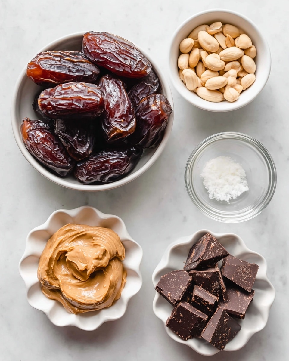 A top-down view of five bowls arranged on a white marbled surface. The largest bowl on the left holds shiny, dark brown dates with wrinkled skin. Above it, a small white bowl contains light brown peanuts with smooth shells. Below the peanuts, a tiny glass bowl holds a small amount of white solid coconut oil. At the bottom right, a white bowl is filled with dark chocolate chunks with rough edges. Finally, at the bottom left, a white scalloped bowl contains a dollop of creamy, light brown peanut butter with some texture. The setup is bright with soft natural light, photo taken with an iphone --ar 4:5 --v 7