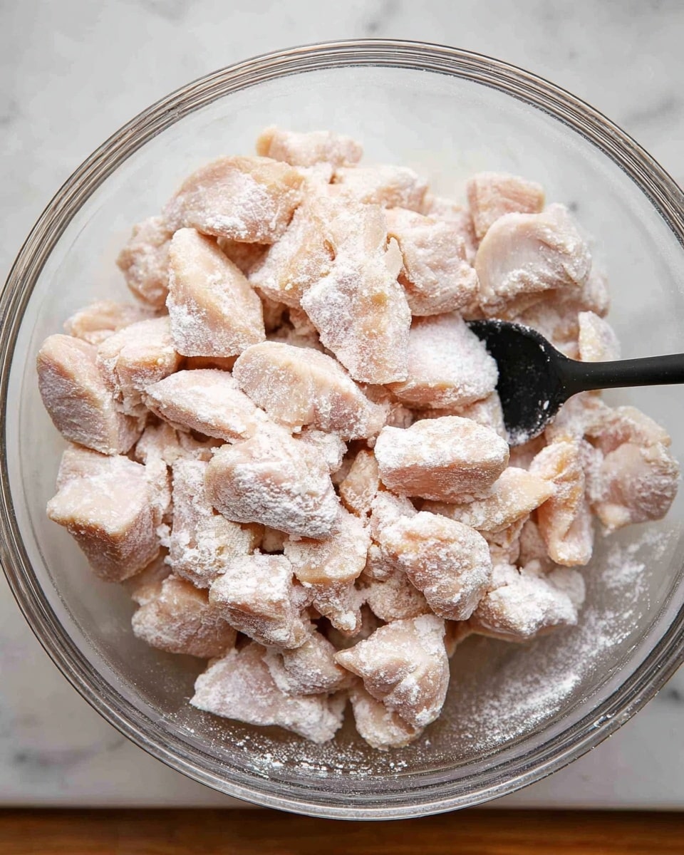 A clear glass bowl filled with many small pieces of raw chicken covered in a light dusting of flour, giving them a pale, powdery white look with some light pink showing through. The chicken pieces are uneven in shape and size, piled loosely inside the bowl. A black plastic spoon is partially inserted into the chicken, positioned on the right side and angled slightly upwards. The bowl is placed on a white marbled surface, and the texture of the flour on the chicken pieces looks soft and powdery. Photo taken with an iphone --ar 4:5 --v 7