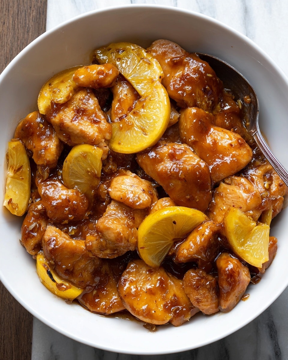 A white bowl filled with several pieces of raw chicken coated in a thick, shiny brown sauce, with yellow lemon slices scattered throughout. The chicken pieces have a wet, glossy texture and are uneven-sized, mixed closely together in the bowl. The lemon slices are bright yellow with some browning where they have been cooked or marinated. A silver spoon is partially visible inside the bowl near the top, resting on the chicken and sauce. The bowl sits on a white marbled surface. photo taken with an iphone --ar 4:5 --v 7