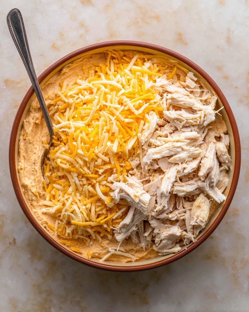 A round bowl holds three main layers: the bottom layer is a creamy, light orange spread evenly across the bowl, the top right layer has shredded light brown chicken pieces stacked loosely, and the top left layer is a mix of shredded yellow and white cheese piled over part of the chicken and spread slightly towards the edge. A silver spoon sits inside the bowl on the left side, resting on the creamy layer and some cheese. The bowl is set on a white marbled surface. photo taken with an iphone --ar 4:5 --v 7