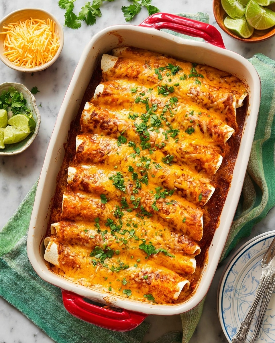 A white rectangular casserole dish with a red handle holds seven enchiladas lined up side by side. Each rolled tortilla is covered with a thick layer of orange-red sauce and melted yellow and white cheese, which is slightly browned and bubbly on top. Fresh green cilantro leaves and finely chopped herbs are sprinkled over the enchiladas for garnish. Around the dish on the white marbled surface, there are small bowls with extra shredded cheese and chopped herbs, some lime wedges, and scattered cilantro leaves. A green cloth napkin is placed under the dish’s right side, and a white plate with blue stripes and silver forks is set to the bottom left. photo taken with an iphone --ar 4:5 --v 7