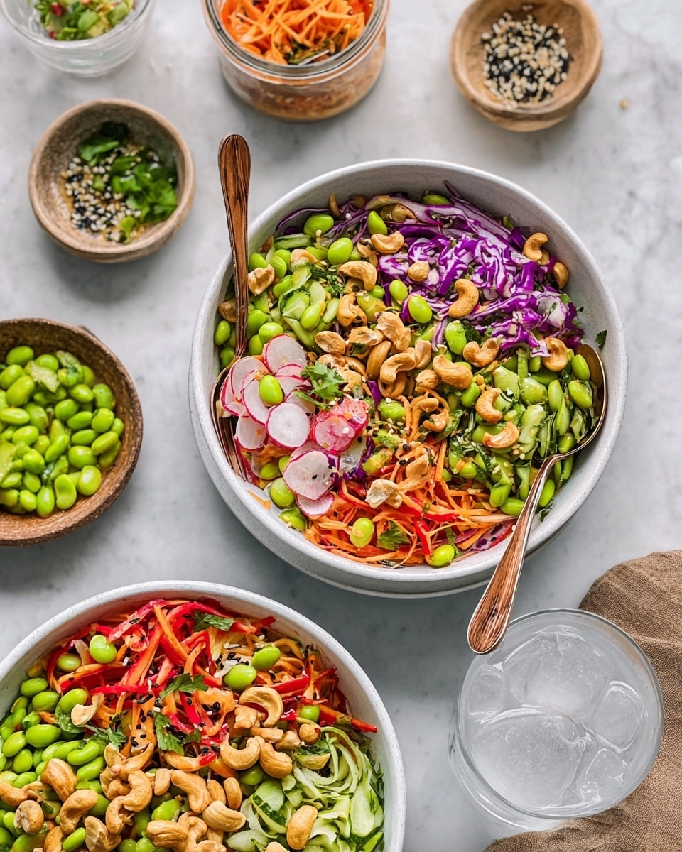 The image shows two white bowls filled with a colorful salad featuring layers of bright green edamame beans, thin slices of red radishes, orange carrot shreds, red bell pepper strips, purple cabbage, and light green cucumber slices mixed with fresh green herbs and topped with whole cashew nuts and black sesame seeds. Each bowl has a spoon inside, sitting on a white marbled surface surrounded by small bowls and jars containing more salad ingredients, a glass of ice water, and wooden salad servers resting partly inside one bowl. The image feels fresh and vibrant, capturing the salad’s varied textures and bright colors clearly. photo taken with an iphone --ar 4:5 --v 7