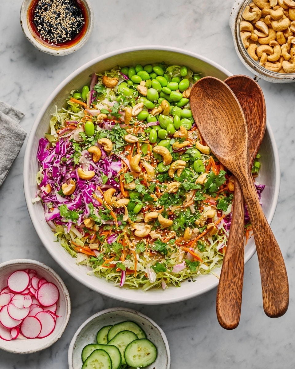 A large white shallow bowl is filled with a colorful salad made of four main layers: thinly sliced radishes in white and pink, shredded purple cabbage, and shredded pale green cabbage form the base layer. On top, bright green edamame beans, chopped cilantro, thin slices of light green cucumber, and shredded orange carrot add more texture and color. The salad is sprinkled with golden brown cashew nuts and black and white sesame seeds, making the surface look crunchy and fresh. Two wooden salad spoons with natural wood grain patterns rest inside the bowl, ready to serve. Around the bowl, small white dishes hold thinly sliced radishes, cucumber slices, whole cashews, and a sesame seed soy dressing, all placed on a white marble surface. photo taken with an iphone --ar 4:5 --v 7