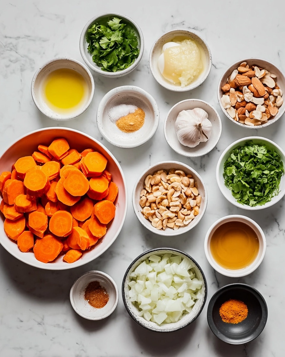 A photo features a white bowl in the center filled with thick slices of bright orange carrots. Around it, there are ten small white bowls and one small black bowl arranged in a loose circle on a white marbled surface. These bowls contain various ingredients: light mashed ginger, white thick liquid, yellow oil, light brown nuts, green cilantro leaves, white and yellow eggs, a bowl with diced white onions, chopped garlic, golden-brown broth, white salt, and a mixture of ground spices. The colors contrast well, and the textures range from smooth liquid to chopped solids, all laid out neatly. photo taken with an iphone --ar 4:5 --v 7