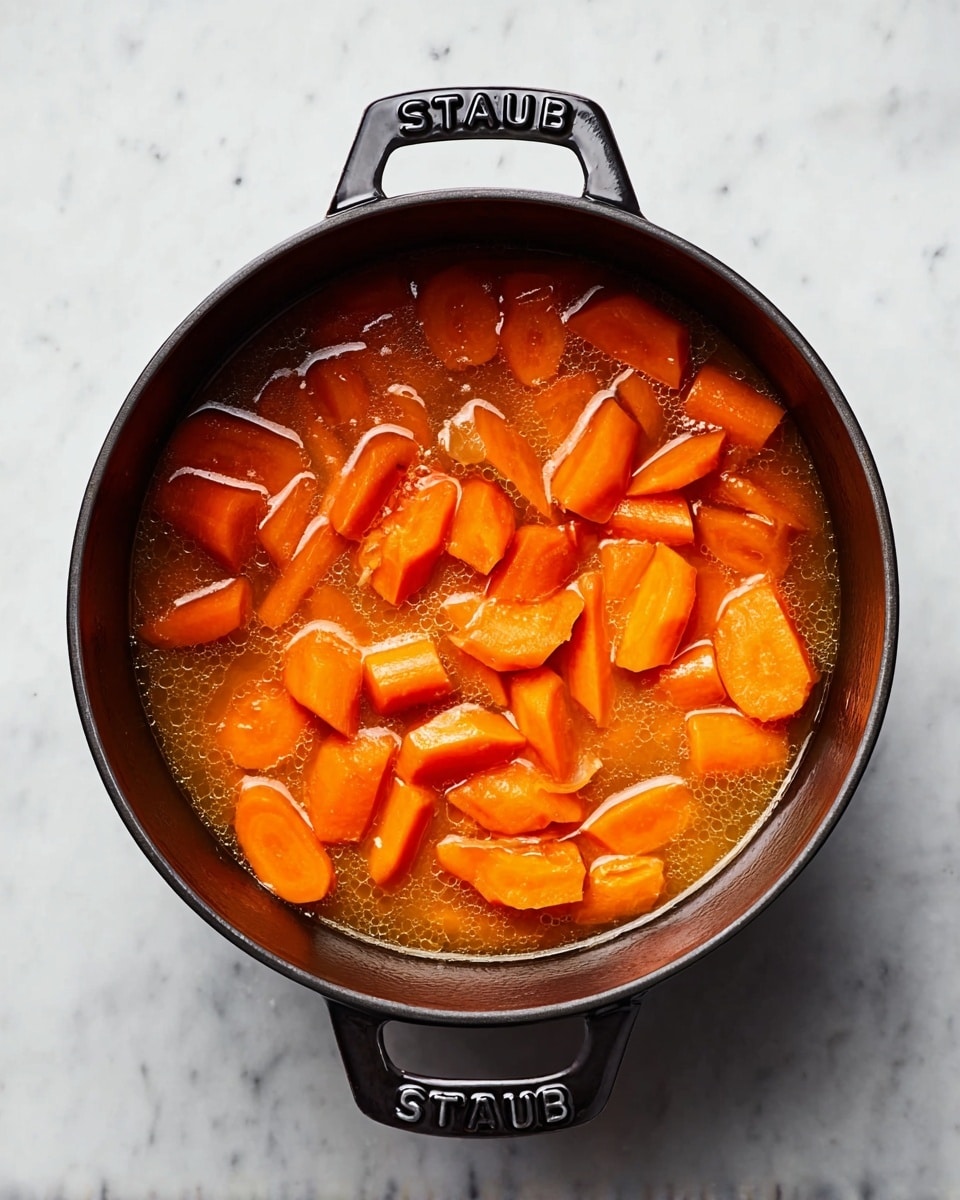 A black pot filled with a clear, light brown broth that has many thick slices of bright orange carrots floating in it. The carrots vary in size and shape but are mostly cut into chunks. The pot has two handles on each side with the word