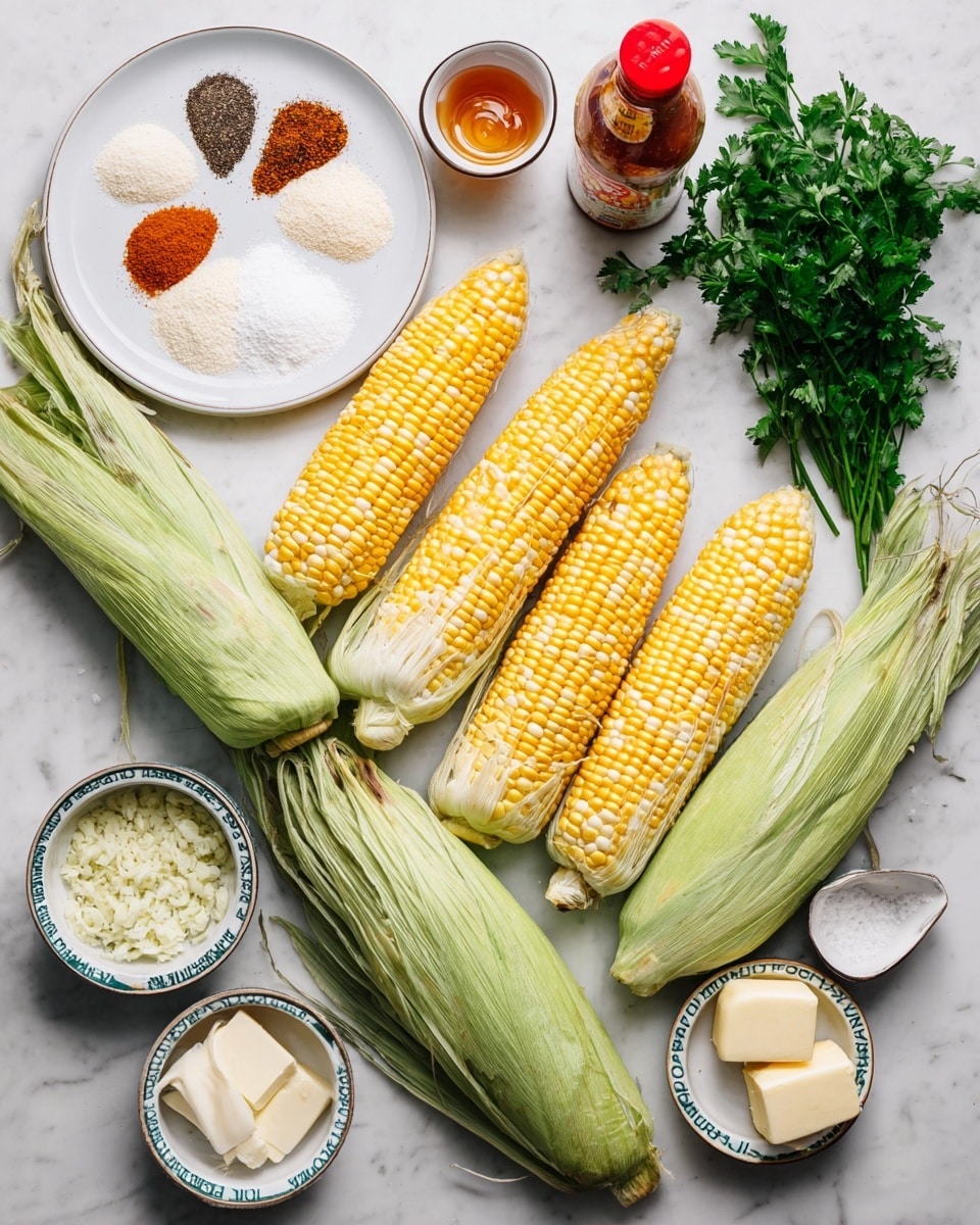 The image shows six fresh ears of corn with yellow and white kernels, partially covered with their light green husks, arranged diagonally on a white marbled surface. On the top left, a white plate holds four piles of spices in different colors: white, black, orange, and brown. Next to the plate is a small white bowl filled with honey. Below the spices, there is a bunch of fresh green parsley. Towards the bottom right, a white bowl contains finely chopped garlic, and near it are two cans, likely of coconut milk. A few sticks of light yellow butter are placed at the bottom right corner. A whole garlic bulb is also visible near the bottom, and a bottle with a red cap stands on the top right side next to the corn. Small white bowls filled with salt and pepper are placed near the bottom right. The whole arrangement is laid out neatly on the white marbled surface. Photo taken with an iphone --ar 4:5 --v 7