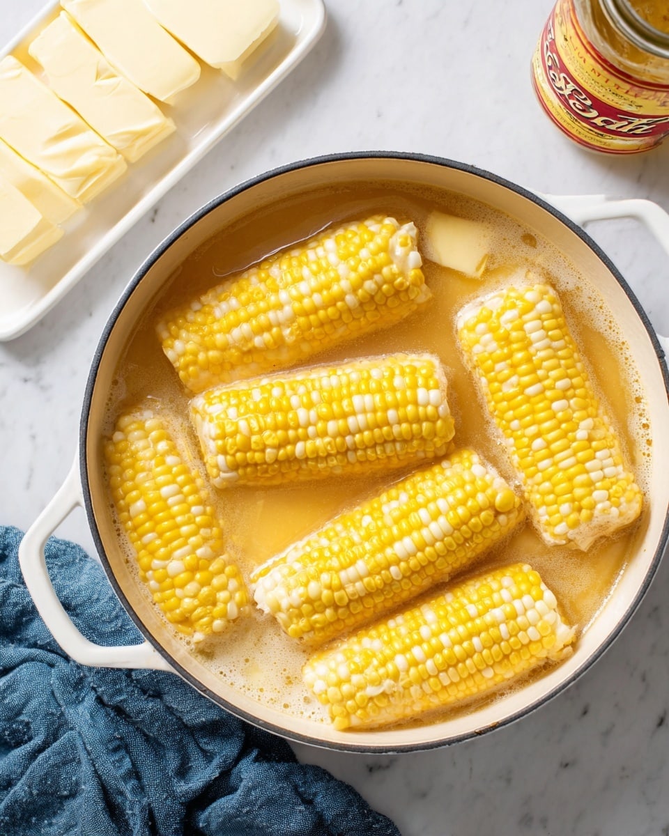 A white pot filled with creamy yellow broth hosting seven pieces of corn on the cob, arranged scattered inside the liquid. The corns show bright yellow and white kernels with a slightly glossy texture. The pot has a white handle on the left side and is placed on a white marbled surface. To the top left, there is a white tray holding several slices of pale yellow butter, and on the top right, there is a glass jar with a yellow and red label, partially visible. A blue cloth napkin is slightly visible at the bottom left corner. Photo taken with an iphone --ar 4:5 --v 7