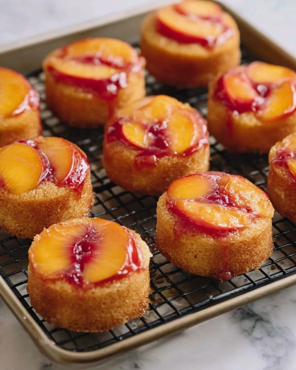 The image shows ten small upside-down cakes arranged in three rows on a black cooling rack placed in a metal tray. Each cake has a golden-brown textured base and a shiny top layer with bright orange and red fruit slices that look soft and glossy. The cakes are rounded with slightly uneven edges, and the fruit's red parts create streaks and spots on the orange surface, adding a colorful contrast. The metal tray has a warm silver tone, and the black cooling rack offers a grid pattern under the cakes. The photo is against a white marbled background. photo taken with an iphone --ar 4:5 --v 7