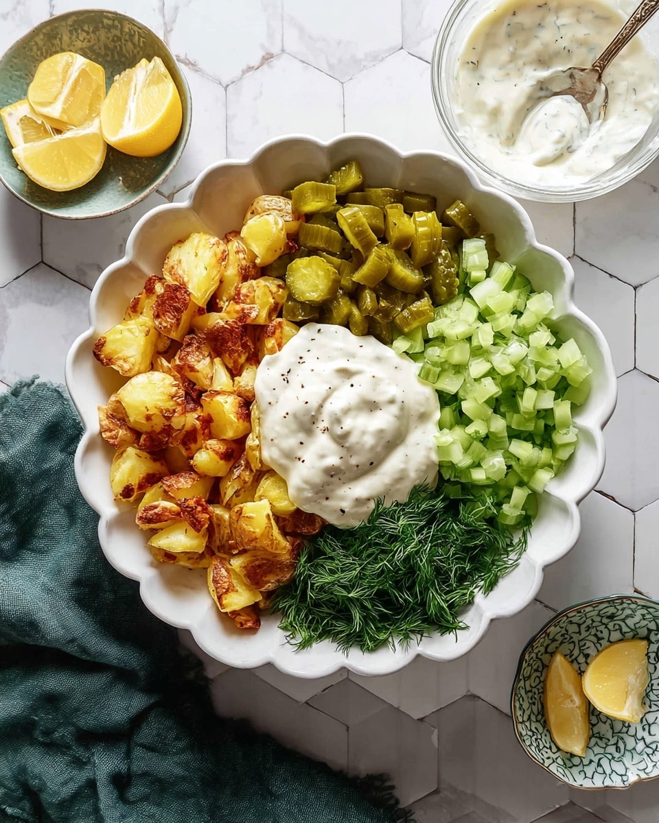 The dish in a large white scalloped bowl shows five distinct layers arranged side by side, starting with golden-brown smashed potatoes with crispy edges on the left. Next to the potatoes, there is a pile of chopped pickles with a muted green color and soft texture. To the right of the pickles, there are small cubes of bright green celery. Following the celery is a mound of finely chopped darker green fresh herbs, possibly dill and parsley. In the center, there is a thick dollop of creamy white sauce with some pepper specks, smooth in texture. The bowl sits on a white marbled hexagonal tile surface with a small white dish of lemon slices on the upper right and a glass bowl with a spoon holding more creamy sauce on the upper left. A dark green cloth is on the lower right. Photo taken with an iphone --ar 4:5 --v 7