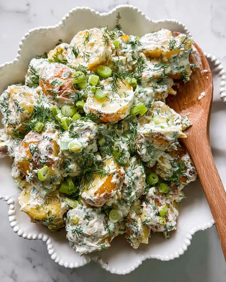 In a large white bowl with scalloped edges, there is a creamy potato salad made of roughly five layers of golden, crispy potato pieces covered in a thick white sauce with visible bits of green herbs mixed throughout. Light green celery pieces and chopped green onions are scattered evenly on top and mixed inside. Fresh dill sprigs are sprinkled over the salad, giving it a fresh, textured look. Two wooden spoons rest inside the bowl, one partially buried within the salad. The bowl sits on a white marbled surface. photo taken with an iphone --ar 4:5 --v 7