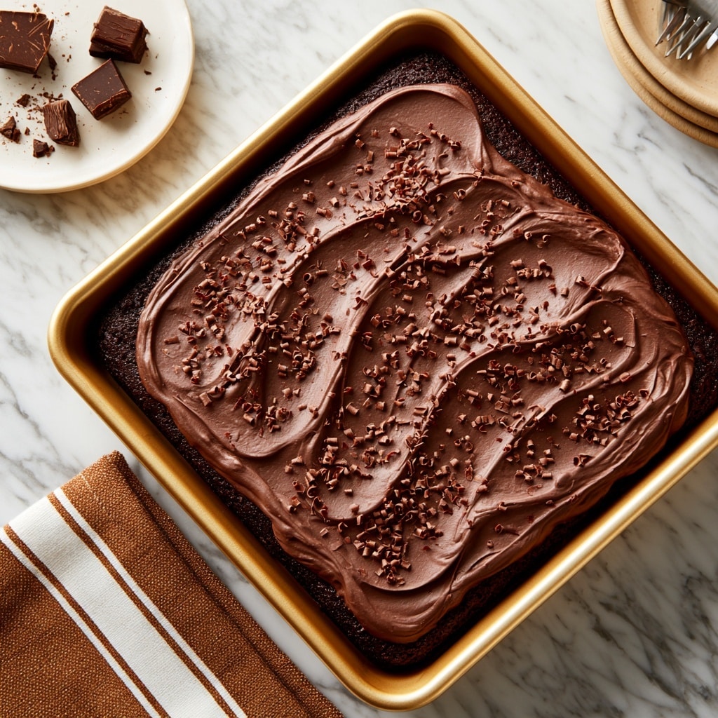 A rectangular chocolate cake in a golden baking tray is shown with one visible layer of dark, smooth, and thick chocolate frosting spread in wavy patterns on top; the frosting is sprinkled with small, curled chocolate shavings scattered evenly over the surface. The tray rests on a white marbled surface with broken chocolate pieces on a white plate to the left, a brown and white striped cloth napkin underneath the tray on the bottom left, and a Coca-Cola bottle and bottle caps to the right. There are stacked beige plates with forks on the top right corner. Photo taken with an iphone --ar 4:5 --v 7