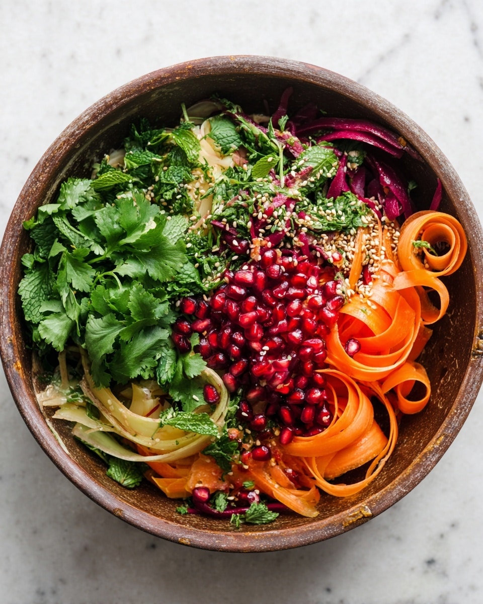 A rustic brown bowl on a white marbled surface holds a fresh, colorful salad with several layers visible from above. The base layer includes wide, curled ribbons of pale purple, yellow, and light orange vegetables, likely beet and carrot. On top of this, thin bright orange carrot ribbons are spread around the bowl. There is a cluster of shiny, red pomegranate seeds near the bottom center, adding a jewel-like texture. Fresh green herbs are piled high in the middle, including two different leafy greens: roughly torn cilantro with broad leaves and finely chopped mint with smaller, crinkled leaves. Toasted light brown sesame seeds are sprinkled over the left side, resting on some of the herbs. The bowl’s edge shows a small chip on the top right. The photo taken with an iphone --ar 4:5 --v 7