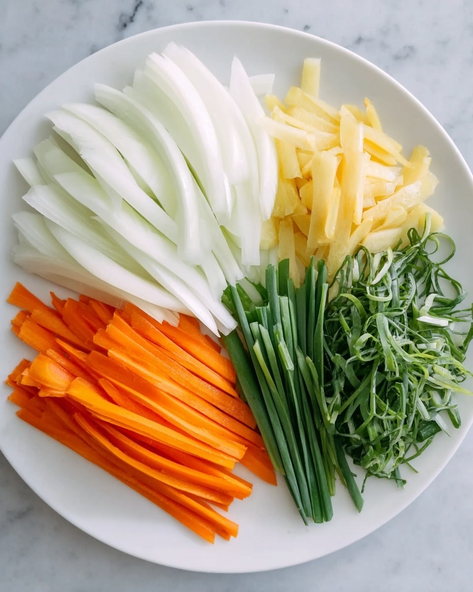 A white plate holds four groups of sliced vegetables arranged side by side. Starting from the top left, there are translucent white onion slices with a smooth, layered texture. Below the onions is a pile of thin, bright orange carrot sticks, neatly stacked. To the right of the carrots, pale yellow strips of ginger lie in a small cluster. Lastly, on the far right, there is a pile of fresh green onion pieces, showing both the green and white parts, with a mix of thin stalks and some curly ends. The plate is set on a white marbled surface. photo taken with an iphone --ar 4:5 --v 7
