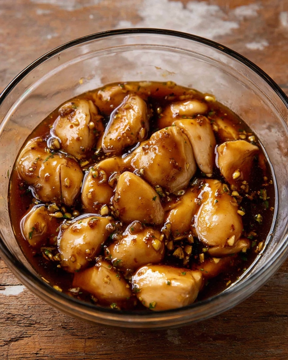 A clear glass bowl filled with pale, smooth pieces of chicken soaked in a thick, dark brown sauce that looks shiny and glossy, with small bits of light yellow garlic and tiny green herbs scattered throughout. The bowl sits on a rough wooden surface but imagine it on a white marbled texture. The chicken pieces are softly rounded, slightly shiny, and covered evenly in the rich sauce. Photo taken with an iphone --ar 4:5 --v 7