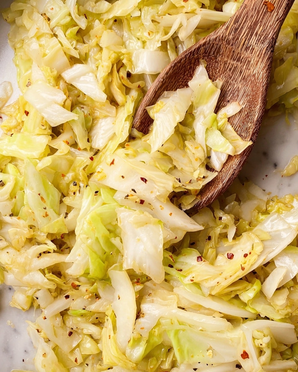The image shows cooked cabbage pieces in different shades of soft yellow and light green, mixed together with some specks of black pepper and red chili flakes sprinkled over them. The cabbage layers look soft and slightly wilted, with a bit of shine showing they are cooked with oil. A wooden spoon with a visible grain texture is placed among the cabbage pieces, partly scooping some. The whole scene is set against a white marbled surface. photo taken with an iphone --ar 4:5 --v 7