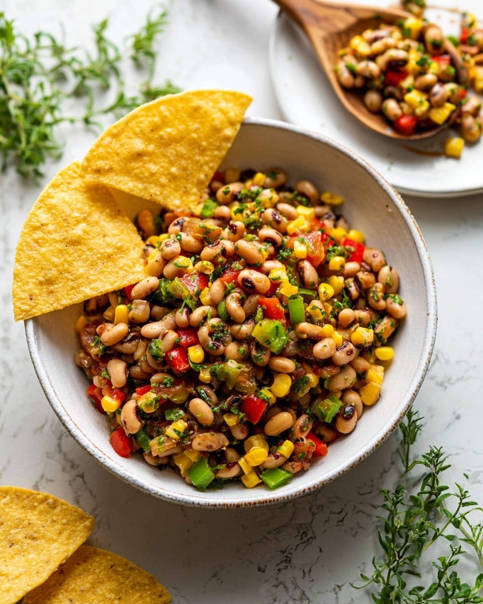 A white bowl holds a colorful mix of roasted black-eyed peas, vibrant yellow corn, bright red and green bell peppers, and fresh chopped herbs all mixed together. Two large pale yellow corn tortilla chips are placed standing inside the bowl on the left side of the mixture. In the background, there is a white plate holding a wooden spoon filled with more of the colorful mix. Sprigs of fresh green herbs decorate the area around the bowl. The surface is a white marbled texture. Photo taken with an iphone --ar 4:5 --v 7