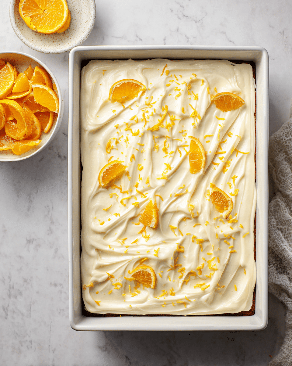 A rectangular white baking pan holds a dessert with two layers: the bottom layer is a flat cake base, and the top layer is thick, smooth white frosting with swirled patterns all over. Scattered on top are small orange zest strands and several thin orange wedge slices for decoration. In the top left corner of the image, there is a small white bowl filled with more orange wedge slices. The background surface is a white marbled texture. photo taken with an iphone --ar 4:5 --v 7