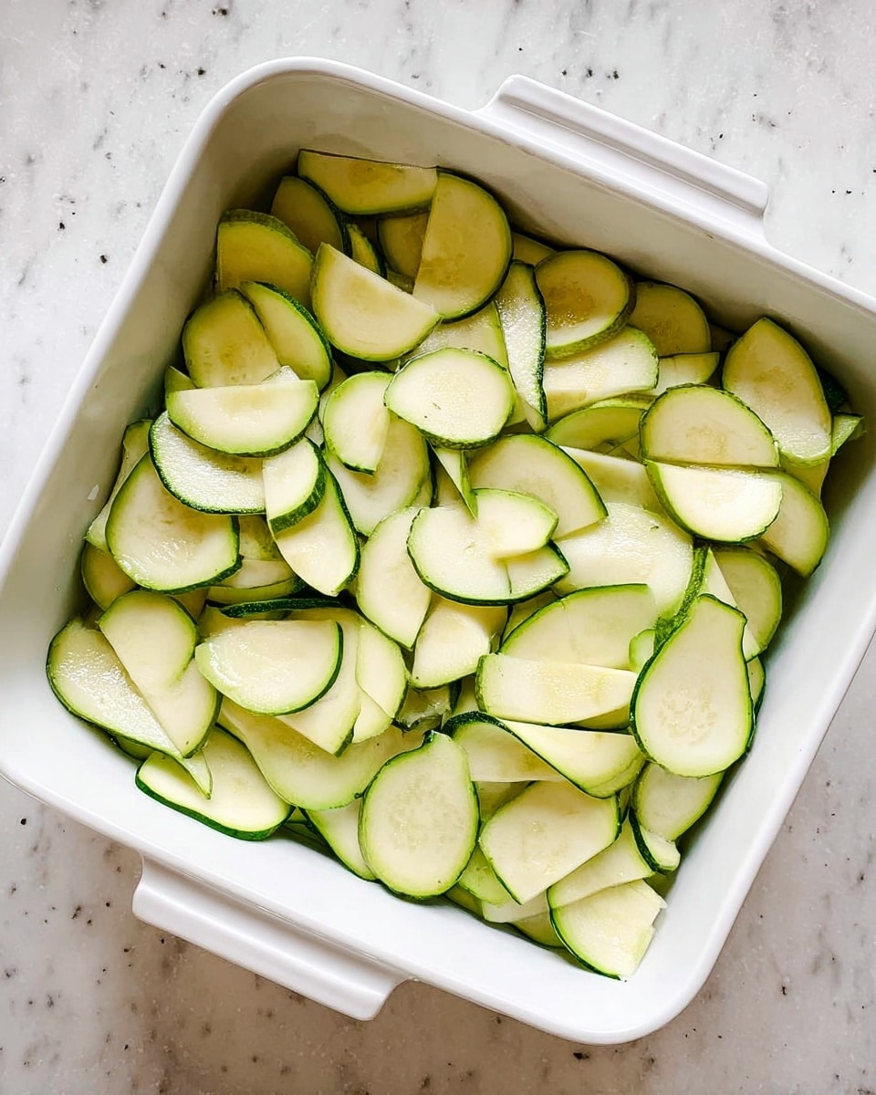 The image shows a white square ceramic baking dish filled with a single layer of thinly sliced light green zucchini pieces, each slice having a slightly darker green edge. The zucchini slices are slightly curved and overlap each other, displaying a fresh and clean texture. The dish is placed on a white marbled surface with small dark specks visible around it. Photo taken with an iphone --ar 4:5 --v 7