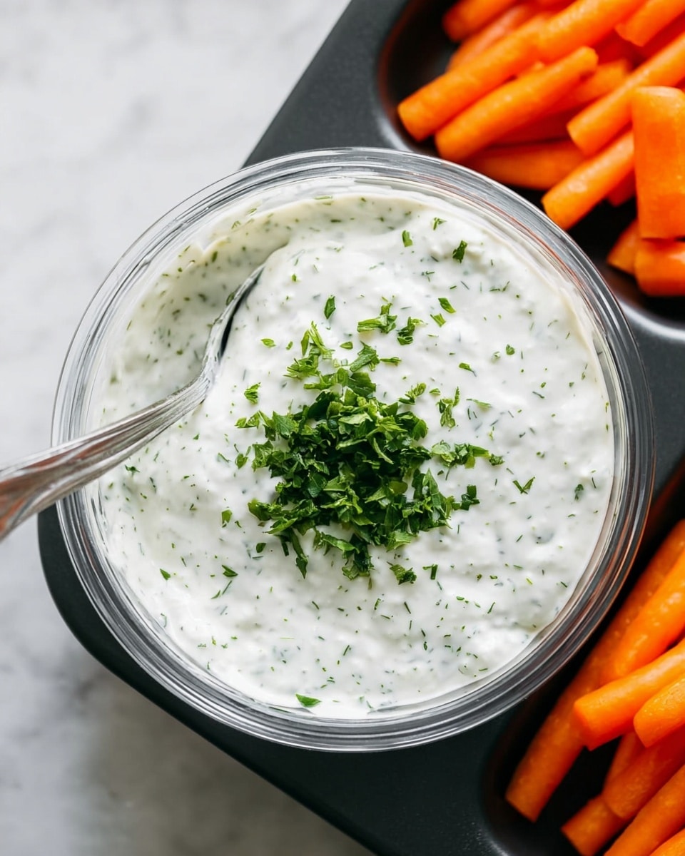 A close-up view of a clear round bowl filled with white creamy dip mixed with finely chopped green herbs, giving it a speckled green-and-white look. The dip is smooth in texture and topped with a small pile of fresh chopped green herbs in the center. A metal spoon is placed inside the bowl on the left side, partially dipped in the dip. To the upper right of the bowl are bright orange baby carrots in a black tray. The entire scene sits on a white marbled surface. Photo taken with an iphone --ar 4:5 --v 7