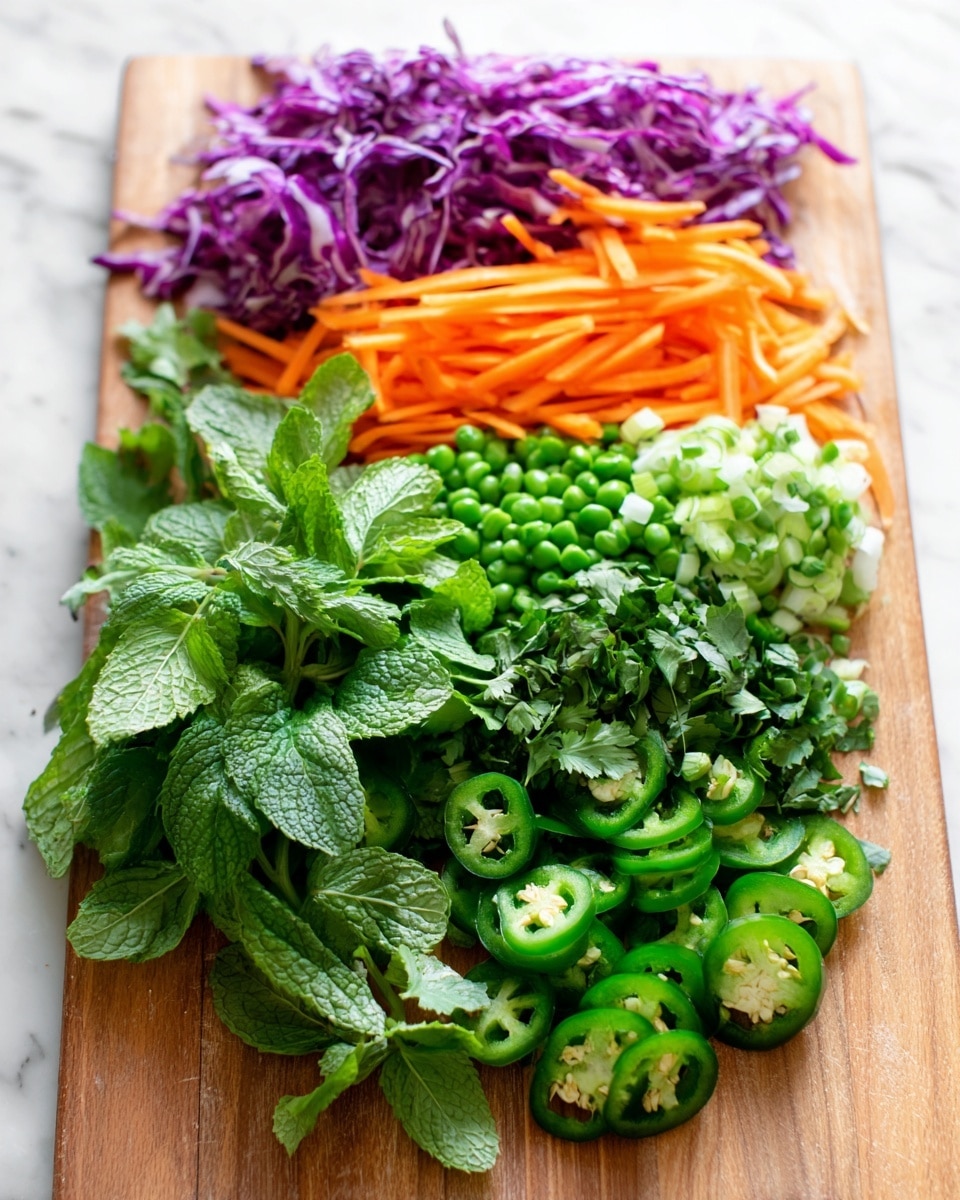 The image shows six layers of fresh vegetables arranged horizontally on a wooden board with a white marbled background. At the front, there is a layer of bright green mint leaves with smooth textures, followed by a layer of dark green leafy cilantro with a slightly rough look. Next is a layer of round green jalapeño slices showing their seeds inside. Above them, thin orange carrot sticks are placed, adding a vibrant pop of color. Behind the carrots, a layer of small chopped green peas appears, and at the back, there are shredded purple cabbage pieces with white veins visible. The layers show a fresh and colorful mix of textures and colors. photo taken with an iphone --ar 4:5 --v 7