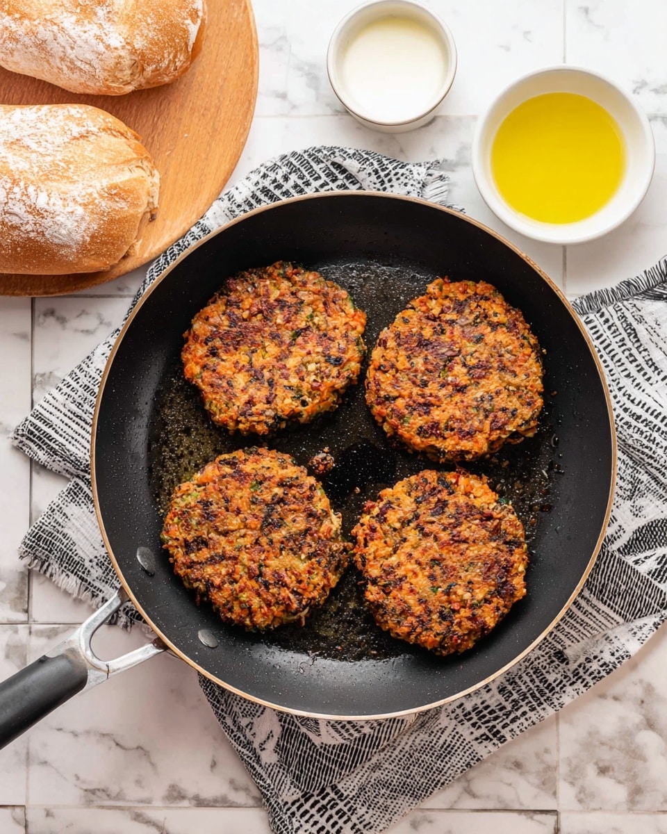 A round black frying pan holds four cooked patties with a rough, crumbly texture, mostly orange with spots of dark brown and some green bits inside. The pan is on top of a black and white patterned cloth, and the background surface is white marbled tiles. To the top right of the pan is a small white bowl with yellow liquid and another white bowl with a white creamy substance. At the top left, there is a round wooden plate holding two pieces of bread dusted with flour. Photo taken with an iphone --ar 4:5 --v 7