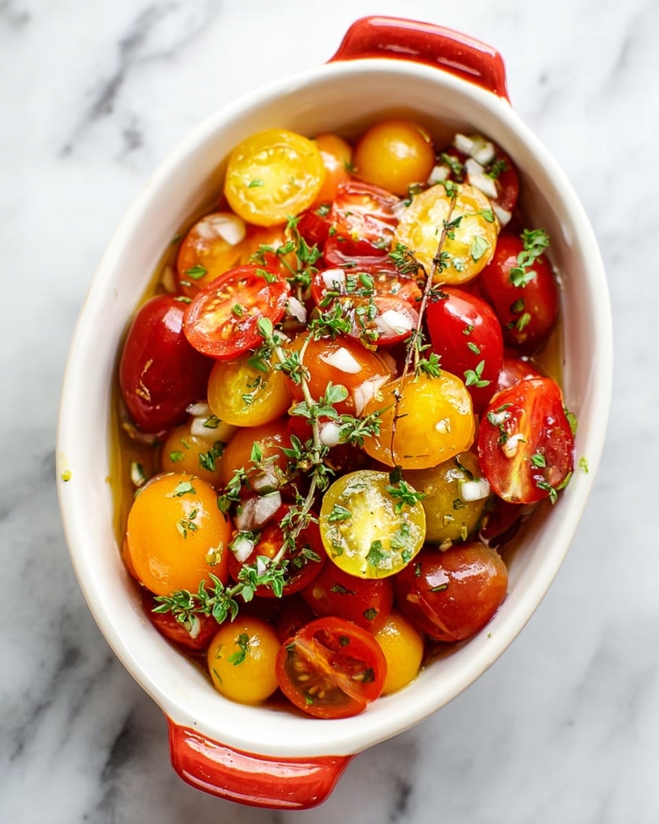 The image shows a small white oval dish filled with halved colorful cherry tomatoes in red, yellow, and orange. The tomatoes are mixed with finely chopped fresh green herbs and small bits of white garlic, giving a textured, fresh look. A couple of sprigs of green herbs lie on top, adding detail. The dish is placed on a white marbled surface, and there is a blurred lemon wedge and a red object in the background. photo taken with an iphone --ar 4:5 --v 7