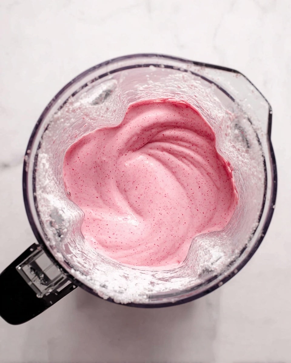 A clear blender jar filled with a thick, pink and creamy mixture that has a smooth texture with some small darker pink specks throughout. The blender has a black handle on the left side and sits on a white marbled surface, visible around the clear edges of the jar. The mixture is evenly spread inside the jar, and some white residue clings to the sides above the mixture. Photo taken with an iphone --ar 4:5 --v 7