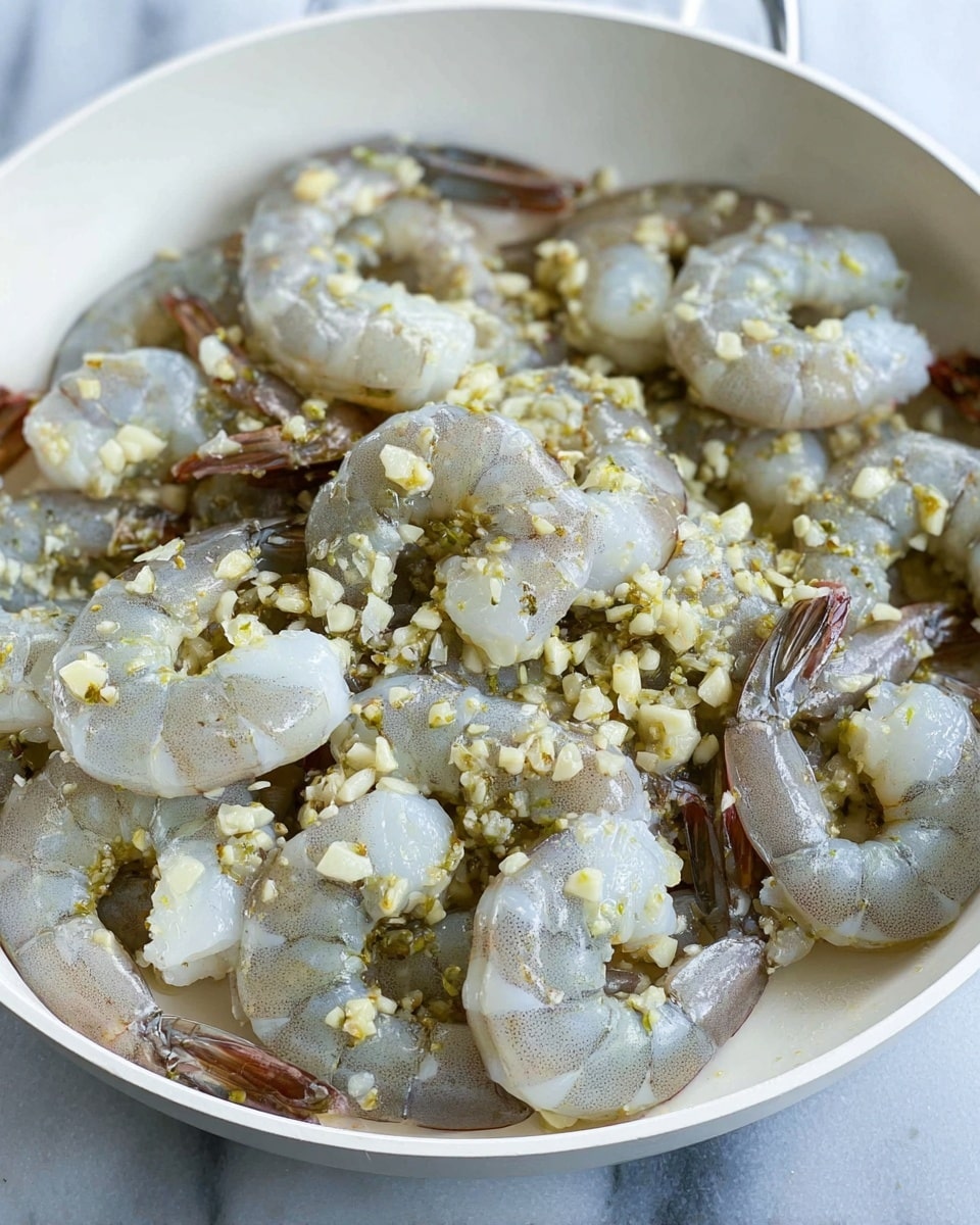 A white pan filled with raw shrimp covered in small pieces of chopped garlic and sprinkled with light greenish-yellow spices. The shrimp are light grayish-blue with translucent flesh, layered unevenly, and some tails are curled while others are straight. The garlic pieces are scattered mostly on top of the shrimp, adding a textured white and yellow contrast against the shrimp's colors. The pan is set on a white marbled surface. photo taken with an iphone --ar 4:5 --v 7