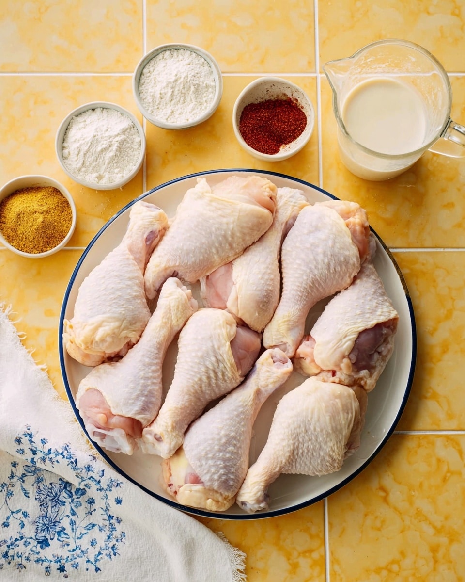 A white plate filled with twelve raw chicken drumsticks arranged in neat rows, showing pale pink and cream colors with visible skin texture. Around the plate, there are small white bowls containing white flour, coarse salt, and a mix of four spices in red, yellow, and brown tones. To the right, a clear glass measuring cup holds creamy white liquid, all placed on a white marbled surface with a yellow tiled background. A white cloth with blue floral pattern is partly visible in the corner. Photo taken with an iphone --ar 4:5 --v 7