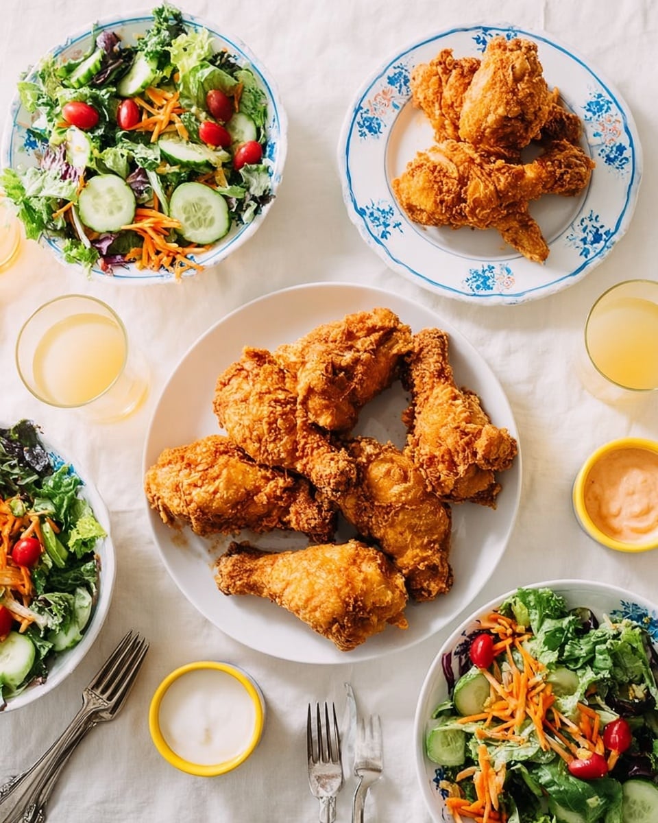 A white plate in the center holds seven golden-brown fried chicken drumsticks with a crispy texture. To the top right, a white plate with a blue rim contains two more drumsticks. On the left and right sides, two white bowls with blue floral designs are filled with fresh salad layers including dark green lettuce leaves, lighter spinach, cucumber slices, shredded orange carrots, and red grape tomatoes. Above the center plate, two small white bowls with yellow rims contain dipping sauces – one white and creamy, the other a darker orange-red. The surface is a white marbled texture, and three glasses of a light yellow drink are placed around, along with two silver forks at the bottom left. photo taken with an iphone --ar 4:5 --v 7