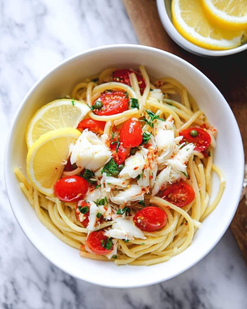 Crab Pasta with Cherry Tomatoes and Garlic Recipe