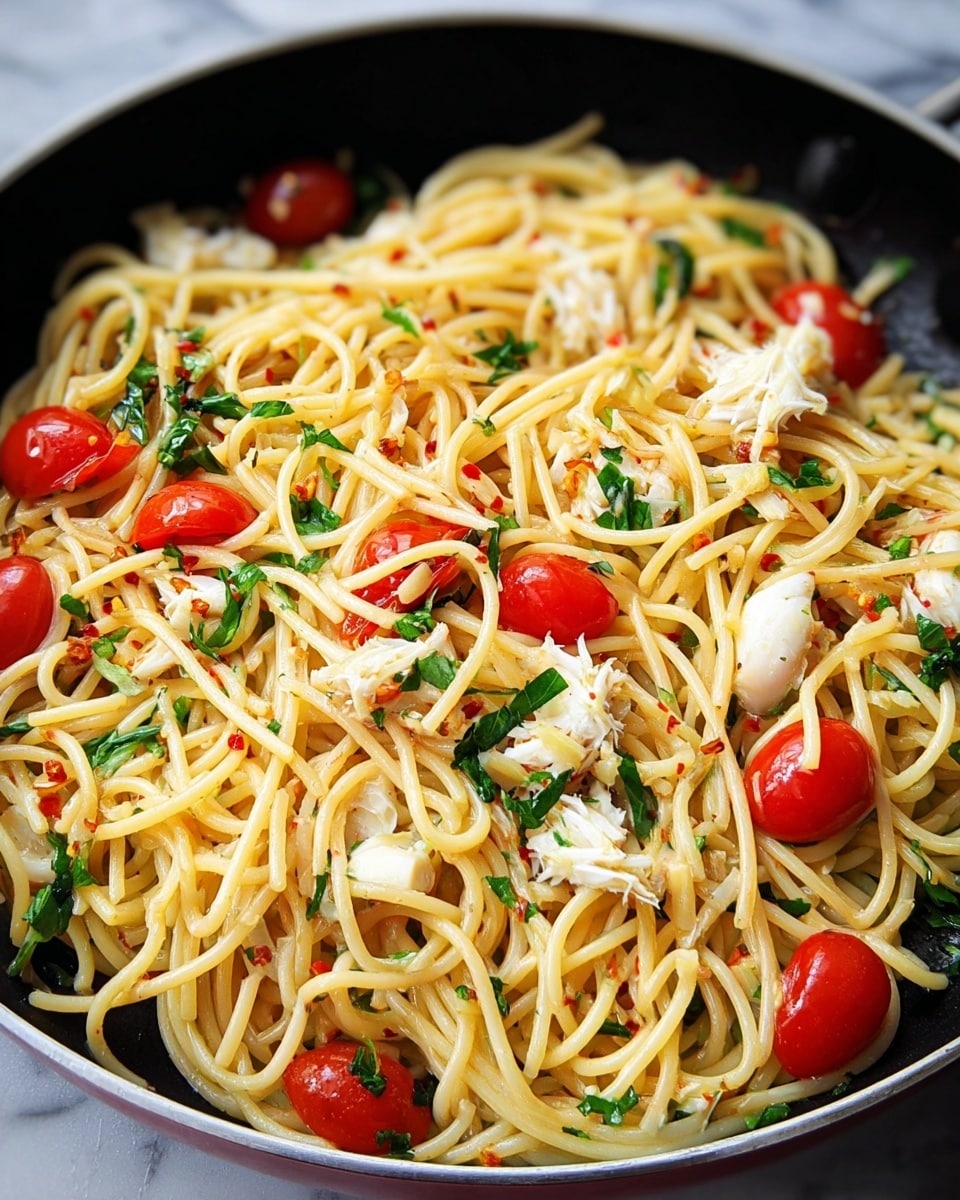 The image shows a black pan filled with spaghetti pasta tangled together in a light yellow color. Scattered throughout the pasta are small white chunks of crab meat, bright red halved cherry tomatoes, and fresh green herb leaves, likely parsley. The pasta and toppings are mixed evenly, with some small pieces of garlic and red chili flakes visible among the layers. The overall texture looks fresh and slightly glossy, with the ingredients sitting on a surface of spaghetti that forms the base layer. The background is a white marbled texture. Photo taken with an iphone --ar 4:5 --v 7