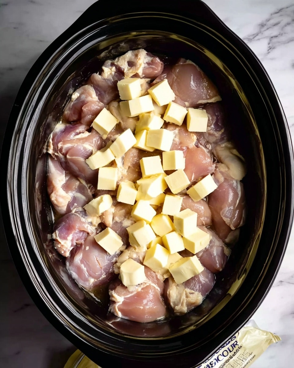 A black slow cooker filled with a layer of raw chicken pieces, light pink and pale in color, arranged flat at the bottom. On top of the chicken, there is an even scattering of small yellow butter cubes that contrast with the flesh. The slow cooker is placed on a white marbled surface, with a glimpse of a food package partially visible at the bottom right corner. The lighting is natural and bright, showing the textures of the chicken and butter clearly. photo taken with an iphone --ar 4:5 --v 7