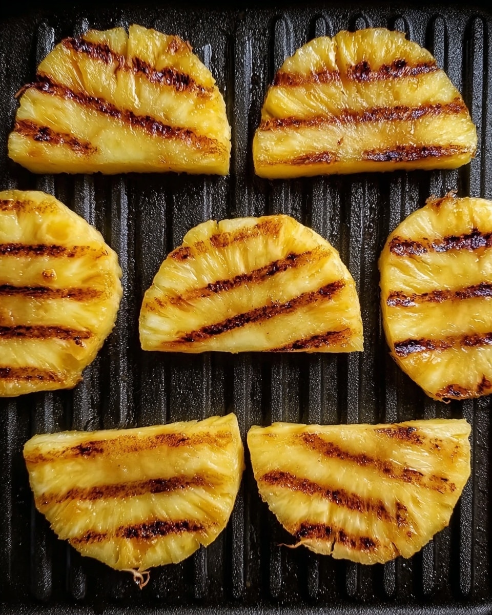 The image shows a close-up of eight pieces of pineapple slices arranged on a black grill pan. Each slice is golden yellow with even brown grill marks running horizontally across the surface of the fruit. The texture of the pineapple is moist and slightly glossy, showing a fresh and juicy appearance. The grill pan beneath has a ridged texture, and the pineapple pieces are spaced apart in two rows, four on top and four on the bottom, with slight variations in shape but uniform thickness. The setting is lit with natural light highlighting the caramelized edges of each slice. Photo taken with an iphone --ar 4:5 --v 7