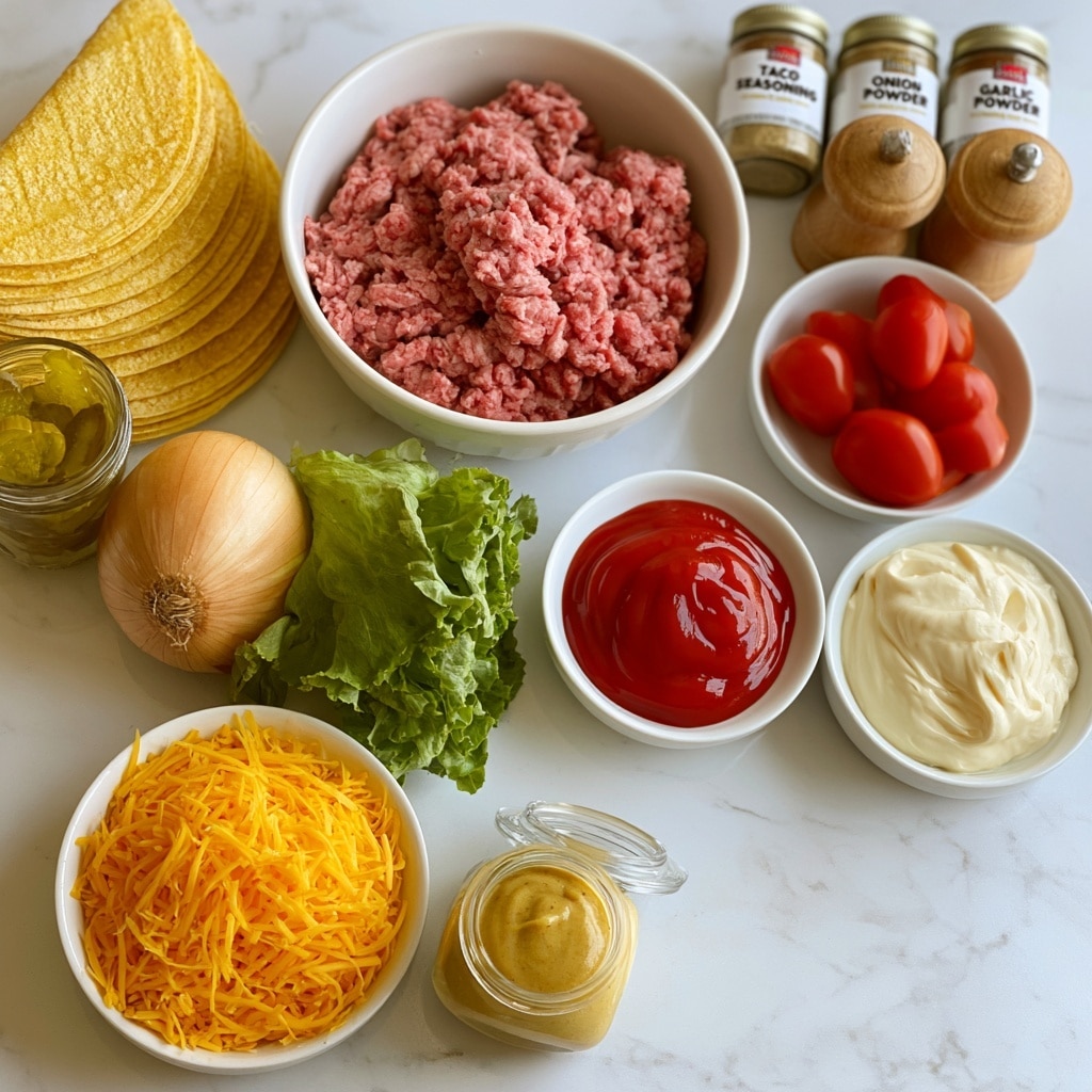 The image shows ingredients for a taco arranged on a white marbled surface. On the left, there are several stacked yellow tortillas with a small glass jar of pickles next to them. Below the tortillas is a whole onion with a green head of lettuce placed beside it. To the right of the lettuce, there are two white bowls, one filled with bright red ketchup and the other with creamy white mayo. Above the ketchup, a larger white bowl is filled with pink ground beef. Next to the beef, a small white bowl holds several red tomatoes. At the top right are three small spice jars labeled taco seasoning, onion powder, and garlic powder, along with wooden salt and pepper grinders in front of them. In the bottom left corner, a white bowl is filled with bright orange shredded cheese, and in front of it is a small glass jar of mustard with the lid open. The photo taken with an iphone --ar 4:5 --v 7