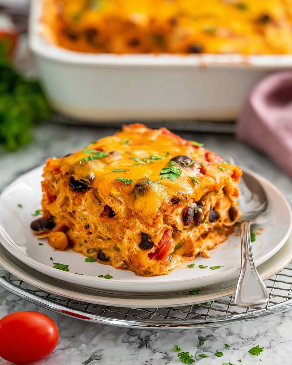 A thick slice of cheesy casserole sits on top of two stacked white plates with a silver fork and spoon resting on the plates' edge. The casserole has three main layers: the bottom layer is orange and chunky, the middle layer is lighter orange with visible black beans and other vegetables, and the top layer is covered in melted yellow cheese with a slightly browned texture. Small green chopped herbs are sprinkled on top. The plates are placed on a metal rack with a white marbled surface beneath, and a small cherry tomato and some scattered herbs are nearby. In the blurred background, the larger casserole dish with more food and a white marbled surface are visible. photo taken with an iphone --ar 4:5 --v 7