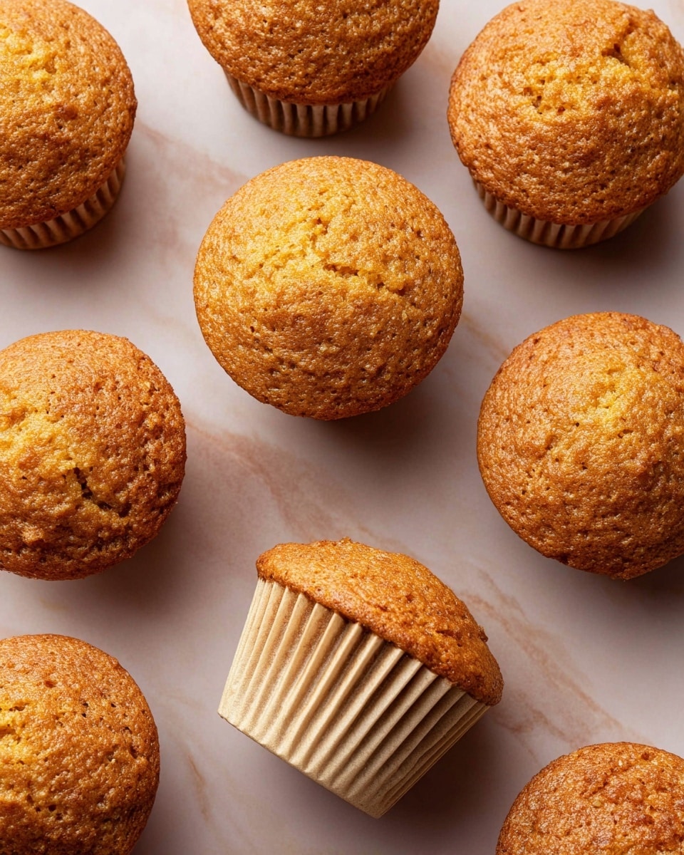 A white plate with brown stripes holds a pile of small golden-brown muffins. The muffins have a rough, cracked top texture and a darker brown base wrapped in ridged paper liners. One muffin is shown with its liner partially peeled back, revealing a soft, moist crumb inside. The plate is set on a white marbled surface, creating a clean and bright background. photo taken with an iphone --ar 4:5 --v 7
