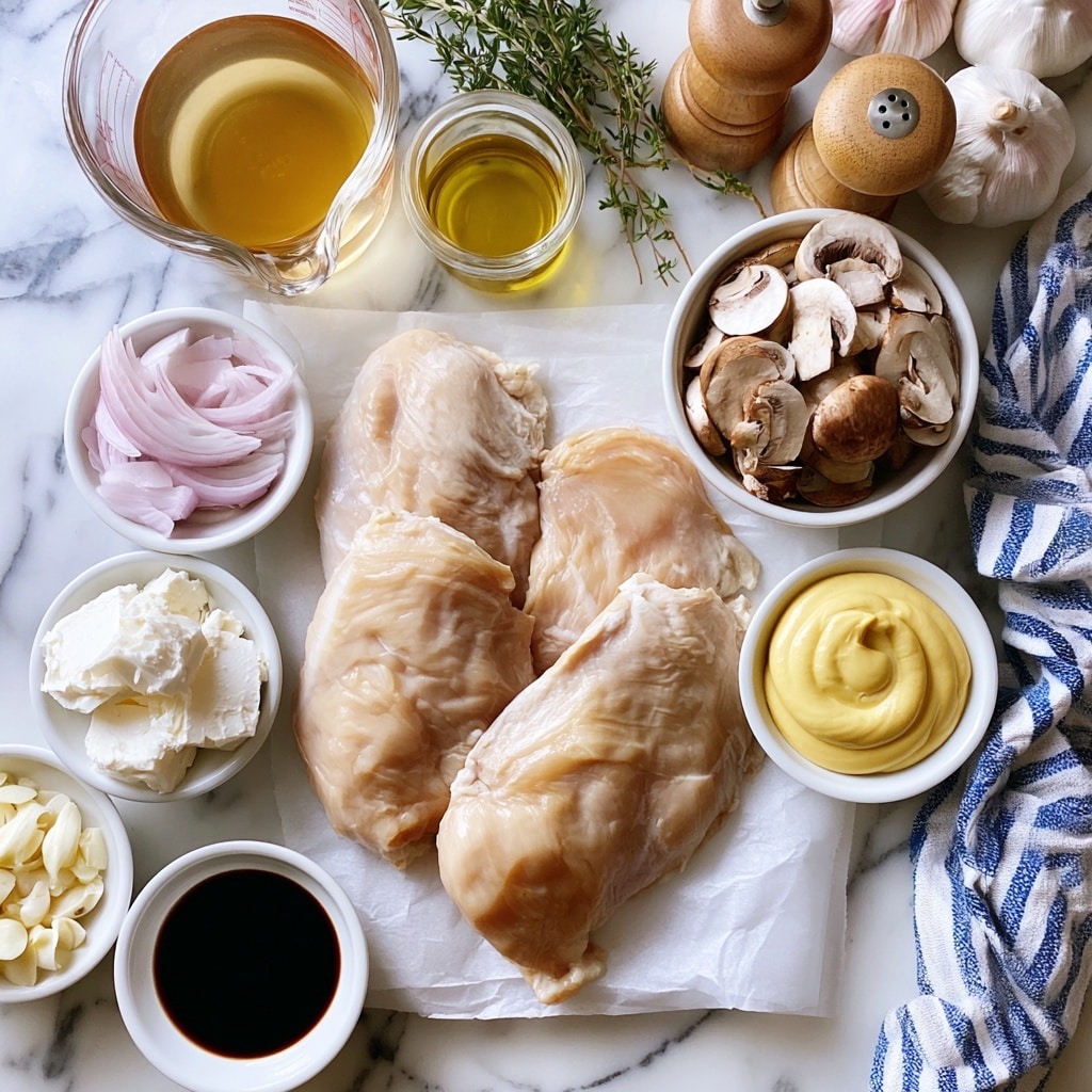 The image shows a top view of several cooking ingredients arranged on a white marbled surface. In the center, there are four large light beige chicken cutlets laid out on white parchment paper. Surrounding these are small white bowls with different ingredients: thinly sliced pale pink shallots in one bowl on the upper left, and sliced light brown crimini mushrooms in a larger bowl on the right. Below the chicken cutlets, a small white bowl holds soft white cream cheese blocks, next to another bowl with a smooth swirl of pale yellow Dijon mustard. Above the chicken cutlets, there is a clear glass measuring cup filled with golden yellow chicken broth. To the right of the broth, a small clear glass container of golden olive oil, and above it is a bunch of green thyme sprigs. On the upper right corner, wooden salt and pepper shakers are placed side by side. At the bottom left, a small bowl with white sliced garlic cloves and next to it, a small white bowl filled with dark balsamic vinegar are seen. A wooden pepper mill and some garlic bulbs are also visible along with a blue and white striped cloth napkin to the right. photo taken with an iphone --ar 4:5 --v 7
