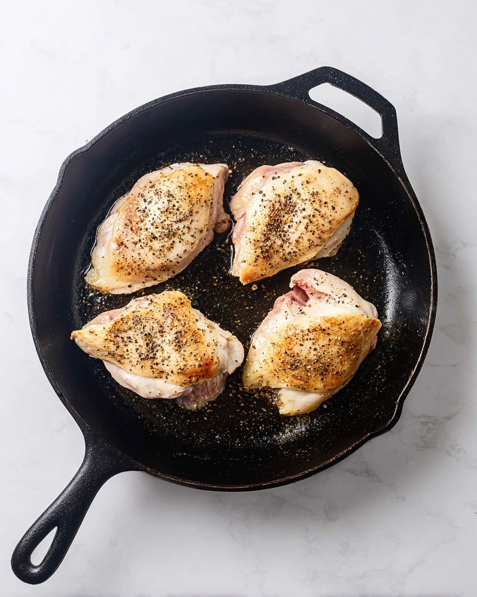 A black cast iron pan holds three chicken pieces, each cooked on the top side with a light brown sear and sprinkled with black pepper, showing a slightly white and creamy undercooked area around the edges. The chicken pieces are arranged with two closer to the top left and one at the bottom right of the pan. The pan sits on a white marbled surface, providing a clean and bright background. The pan has a handle on the right side and a loop handle on the left. photo taken with an iphone --ar 4:5 --v 7