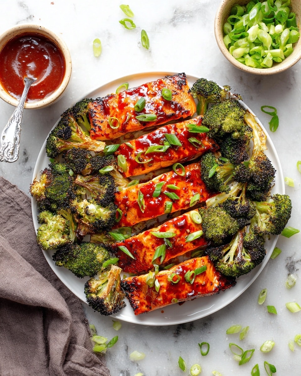 A white plate holds four pieces of grilled salmon fillets arranged side by side, each glazed with a shiny red sauce and topped with sliced green onions. Surrounding the salmon are charred broccoli florets with a mix of bright and dark green colors, giving a roasted look. To the left of the plate, a small white bowl filled with thick red sauce has a spoon resting inside. A beige bowl containing fresh green onion slices appears in the top right corner. The whole scene is set against a white marbled background with scattered green onion pieces near the plate. Photo taken with an iphone --ar 4:5 --v 7