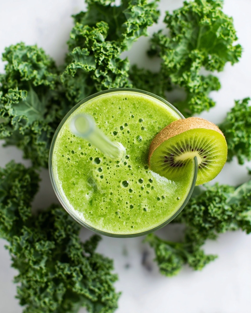 A close-up view of a green smoothie in a clear glass, with one bright green kiwi slice placed on the rim. The smoothie has a thick, even texture with green flecks, showing its fresh ingredients. A clear glass straw stands in the center of the smoothie. Surrounding the glass are fresh, leafy kale pieces with curly edges, all placed on a white marbled surface, adding a fresh, natural look. Photo taken with an iphone --ar 4:5 --v 7