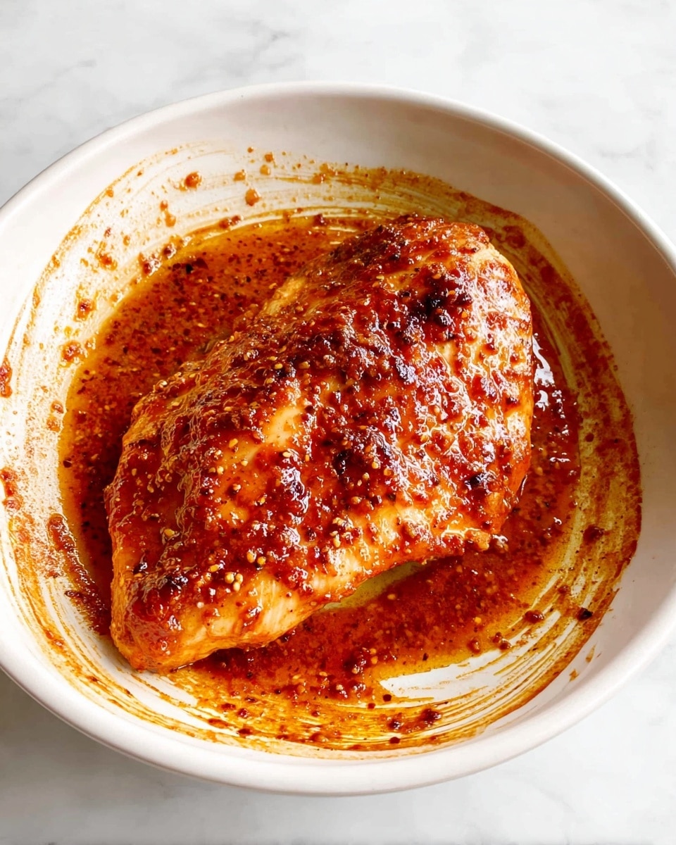 A single piece of chicken breast is covered in a thick, shiny reddish-brown sauce with visible spices. It sits in the center of a round white plate. Around the chicken, the sauce is spread unevenly, leaving streaks and smudges along the plate’s surface. The chicken looks moist and well-coated with a textured sauce, showing glistening highlights under soft lighting. The plate rests on a white marbled surface. photo taken with an iphone --ar 4:5 --v 7
